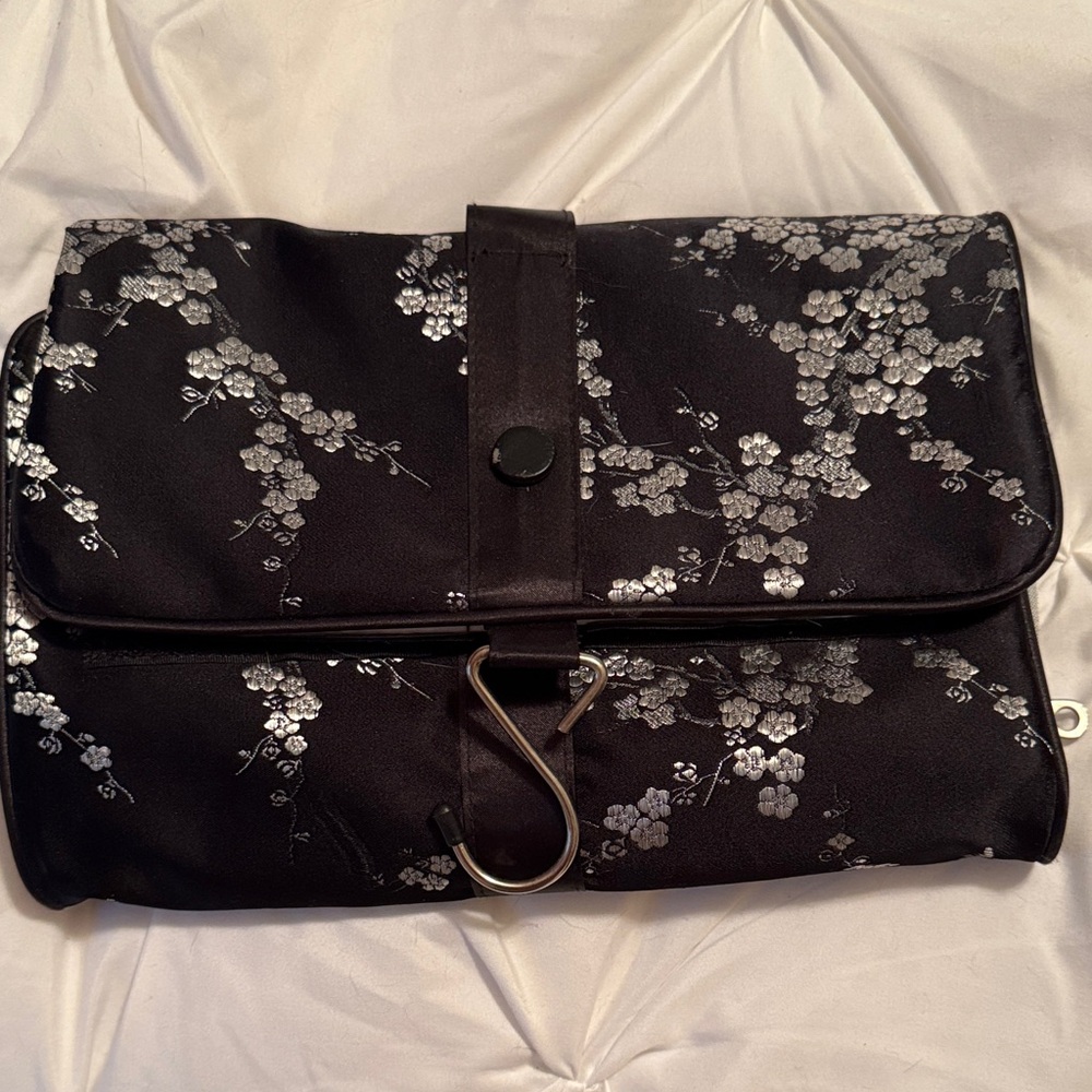 Chic Black and Silver Floral Cosmetic Bag